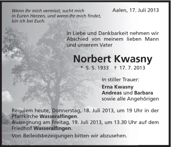 Traueranzeige von Norbert Kwasny von Schwäbische Post