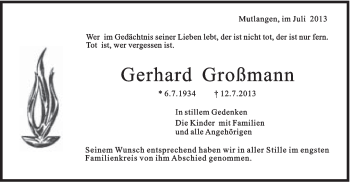 Traueranzeige von Gerhard Großmann von Gmünder Tagespost