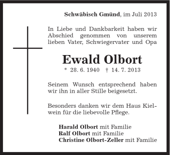 Traueranzeige von Ewald Olbort von Gmünder Tagespost