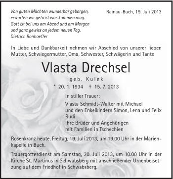 Traueranzeige von Vlasta Drechsel von Schwäbische Post