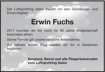 Traueranzeige von Erwin Fuchs von Schwäbische Post