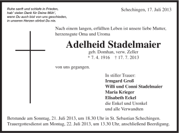Traueranzeige von Adelheid Stadelmaier von Gmünder Tagespost