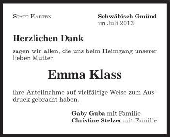 Traueranzeige von Emma Klass von Gmünder Tagespost