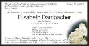 Traueranzeige von Elisabeth Dambacher von Schwäbische Post