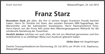 Traueranzeige von Franz Starz von Schwäbische Post