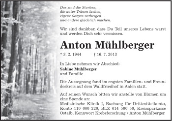 Traueranzeige von Anton Mühlberger von Schwäbische Post
