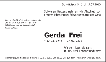 Traueranzeige von Gerda Frei von Gmünder Tagespost