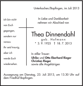 Traueranzeige von Thea Dinnendahl von Schwäbische Post