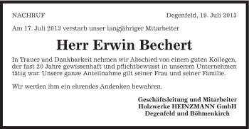 Traueranzeige von Erwin Bechert von Gmünder Tagespost