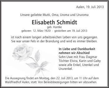 Traueranzeige von Elisabeth Schmidt von Schwäbische Post