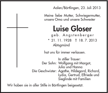 Traueranzeige von Luise Gloser von Schwäbische Post