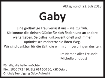 Traueranzeige von Gaby Aufrecht von Schwäbische Post