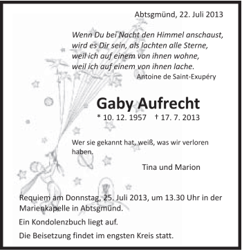 Traueranzeige von Gaby Aufrecht von Schwäbische Post