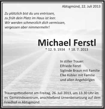 Traueranzeige von Michael Ferstl von Schwäbische Post