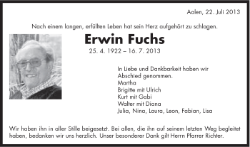 Traueranzeige von Erwin Fuchs von Schwäbische Post
