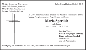 Traueranzeige von Maria Sperlich von Gmünder Tagespost