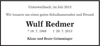 Traueranzeige von Wulf Redmer von Schwäbische Post