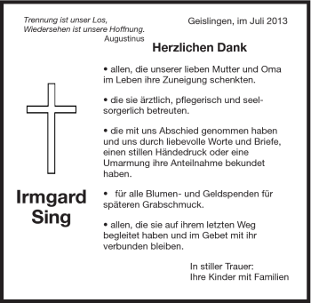 Traueranzeige von Irmgard Sing von Schwäbische Post
