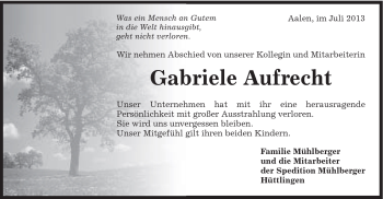 Traueranzeige von Gabriele Aufrecht von Schwäbische Post