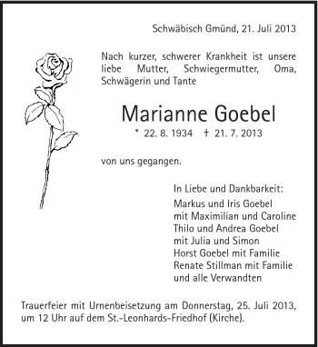 Traueranzeige von Marianne Goebel von Gmünder Tagespost