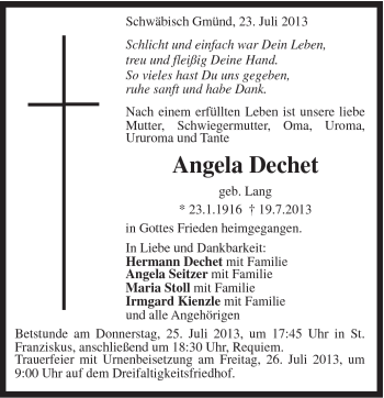 Traueranzeige von Angela Dechet von Gmünder Tagespost