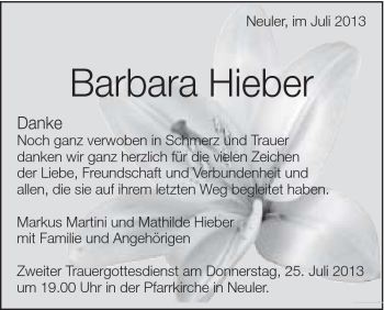 Traueranzeige von Barbara Hieber von Schwäbische Post