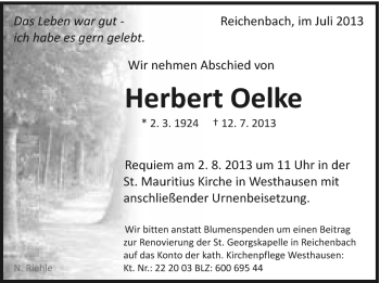 Traueranzeige von Herbert Oelke von Schwäbische Post