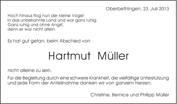 Traueranzeige von Hartmut Müller von Gmünder Tagespost