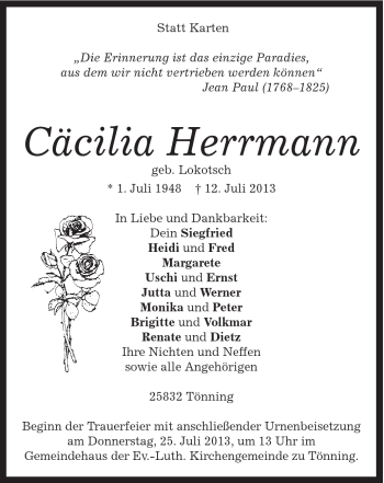 Traueranzeige von Cäcilia Herrmann von Gmünder Tagespost