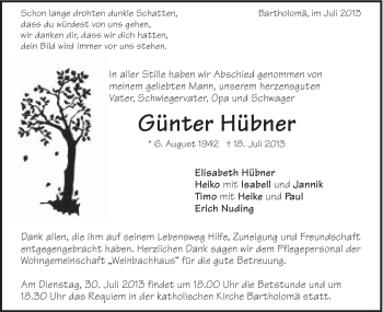 Traueranzeige von Günter Hübner von Gmünder Tagespost