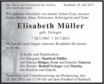 Traueranzeige von Elisabeth Müller von Gmünder Tagespost