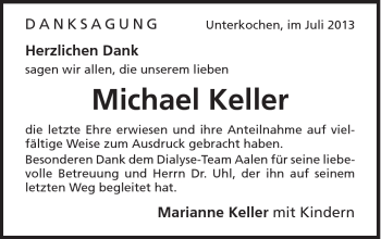 Traueranzeige von Michael Keller von Schwäbische Post