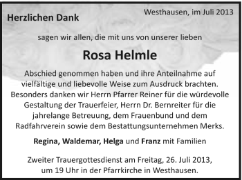 Traueranzeige von Rosa Helmle von Schwäbische Post