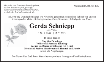 Traueranzeige von Gerda Schniepp von Gmünder Tagespost