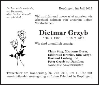 Traueranzeige von Dietmar Grzyb von Schwäbische Post