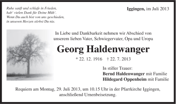 Traueranzeige von Georg Haldenwanger von Gmünder Tagespost
