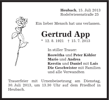 Traueranzeige von Gertrud App von Gmünder Tagespost