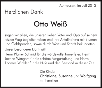 Traueranzeige von Otto Weiß von Schwäbische Post