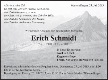 Traueranzeige von Erich Schmidt von Schwäbische Post