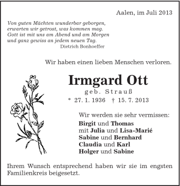 Traueranzeige von Irmgard Ott von Schwäbische Post