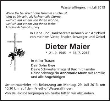 Traueranzeige von Dieter Maier von Schwäbische Post