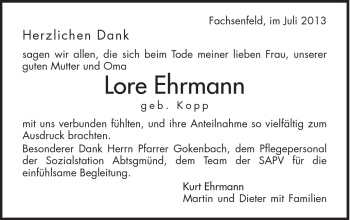 Traueranzeige von Lore Ehrmann von Schwäbische Post