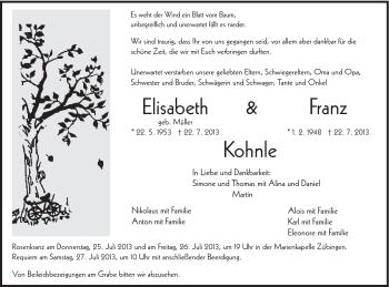 Traueranzeige von Elisabeth + Franz Kohnle von Schwäbische Post