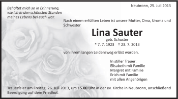 Traueranzeige von Lina Sauter von Schwäbische Post