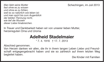 Traueranzeige von Adelheid Stadelmaier von Gmünder Tagespost