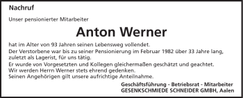 Traueranzeige von Anton Werner von Schwäbische Post