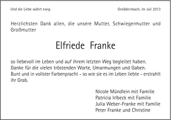 Traueranzeige von Elfriede Franke von Gmünder Tagespost