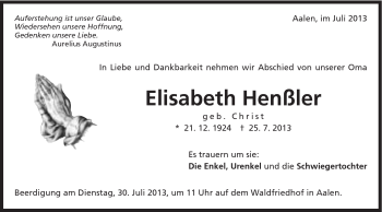 Traueranzeige von Elisabeth Henßler von Schwäbische Post