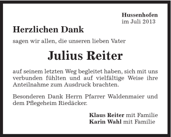 Traueranzeige von Julius Reiter von Gmünder Tagespost
