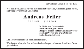 Traueranzeige von Andreas Feiler von Gmünder Tagespost